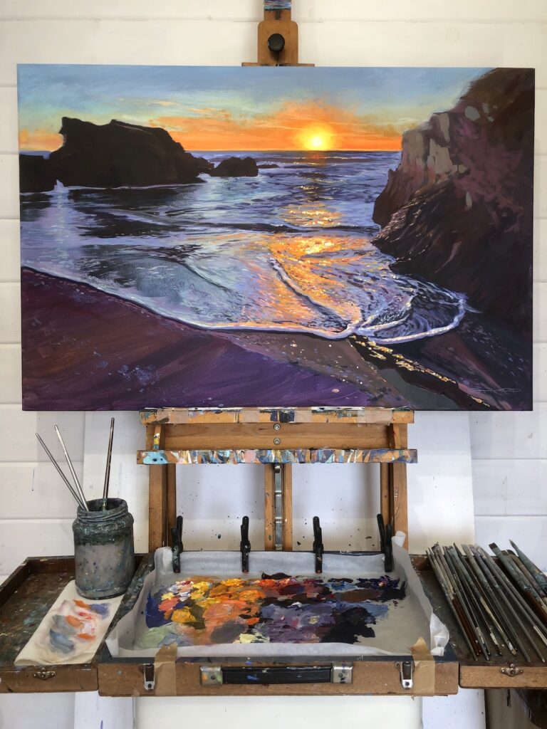 Sparkling Shore Original Barricane Beach sunset painting from Woolacombe landscape artist Steve PP on an easel in his Devon art studio