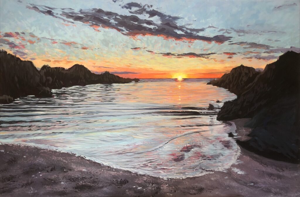 Calm Evening Tide Barricane Beach sunset painting by Woolacombe artist Steve PP