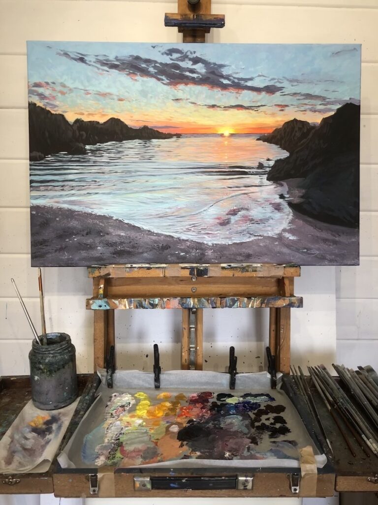 Calm Evening Tide Barricane Beach sunset painting by Woolacombe artist Steve PP