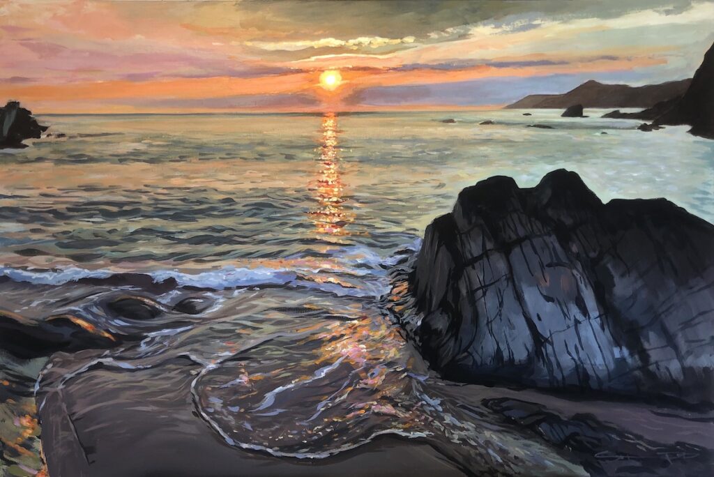 Combesgate Sunset Woolacombe Painting. Colourful original painting by North Devon landscape artist Steve PP