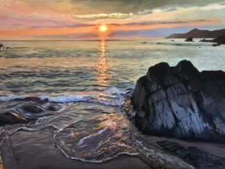 Combesgate Sunset Woolacombe Painting. Colourful original painting by North Devon landscape artist Steve PP