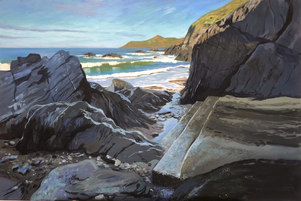 Steps To The Sea. Original Combesgate Beach painting by Woolacombe artist Steve PP. Devon landscape paintings. Available from the Woolacombe art studio