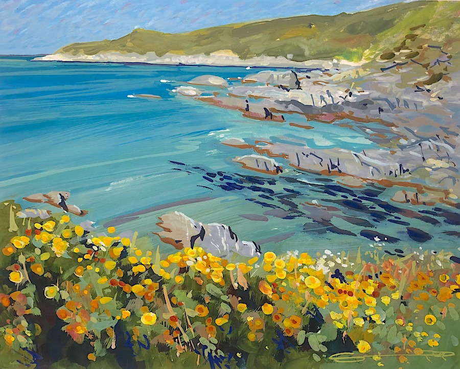 Combesgate Blossoms an original Combesgate beach gouache painting by Woolacombe artist Steve PP
