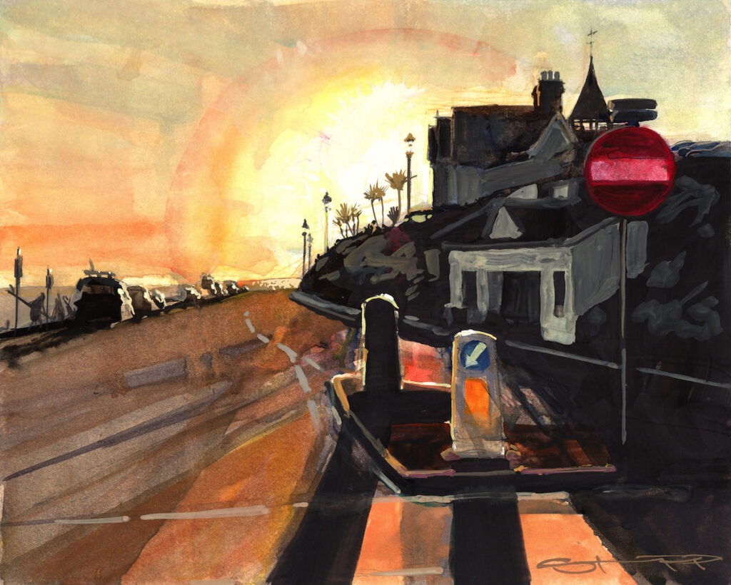 Original Woolacombe Esplanade sunset painting by Woolacombe artist Steve PP