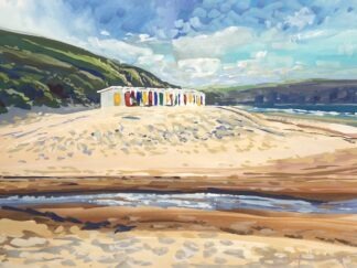original Woolacombe beach huts gouache painting by Devon artist Steve PP
