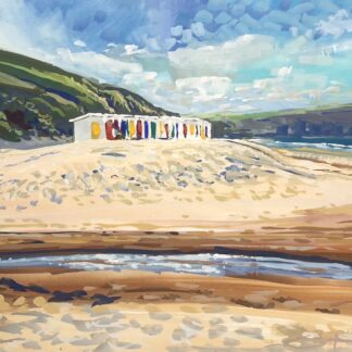 original Woolacombe beach huts gouache painting by Devon artist Steve PP