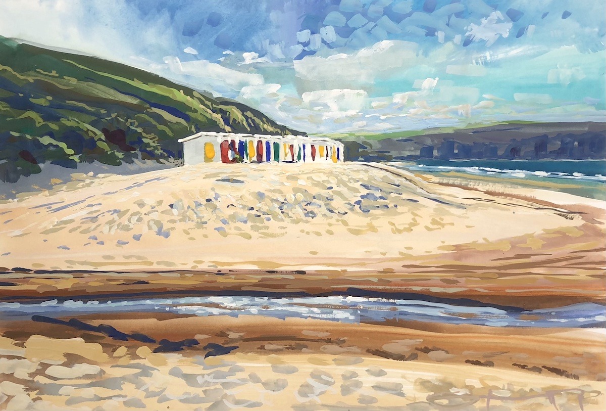 original Woolacombe beach huts gouache painting by Devon artist Steve PP