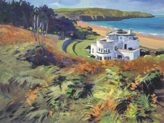 Nestled in the dunes, surrounded by ferns dancing in the sea breeze. Putsborough Beach House an original gouache painting by Woolacombe artist Steve PP