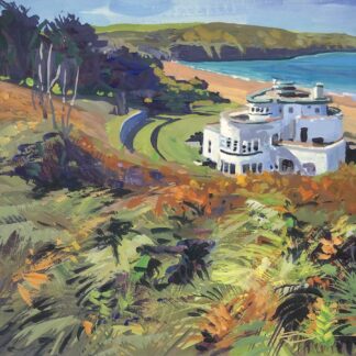 Nestled in the dunes, surrounded by ferns dancing in the sea breeze. Putsborough Beach House an original gouache painting by Woolacombe artist Steve PP