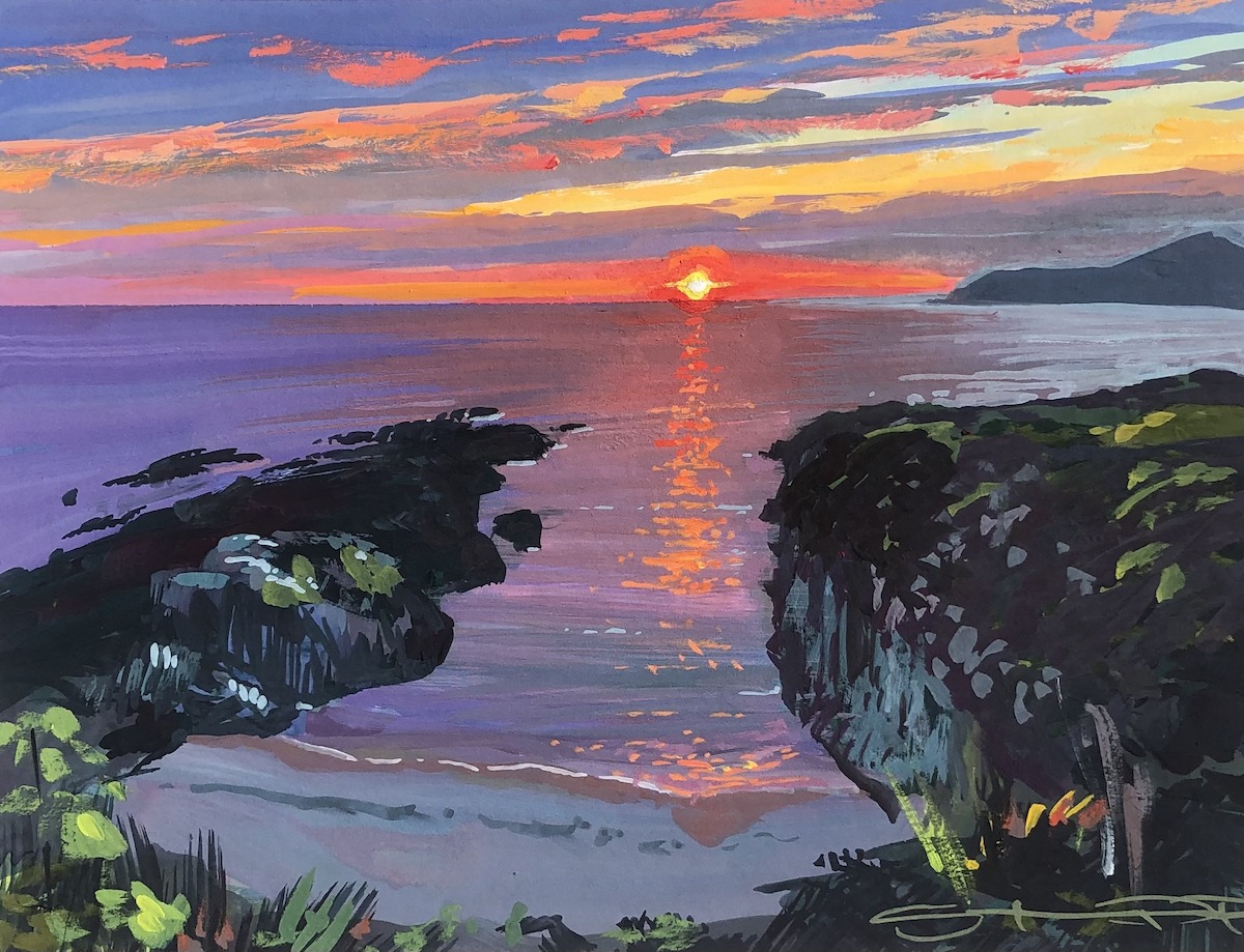 Barricane Shimmering an original Barricane beach sunset painting by Woolacombe artist Steven Pleydell-Pearce