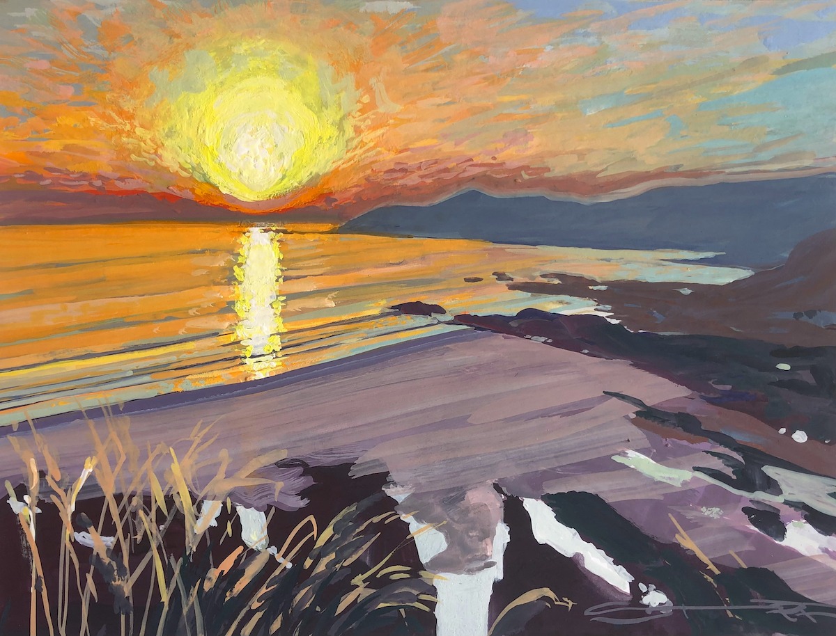 Combesgate Burner original Combesgate beach sunset gouache painting by Woolacombe artist Steve PP