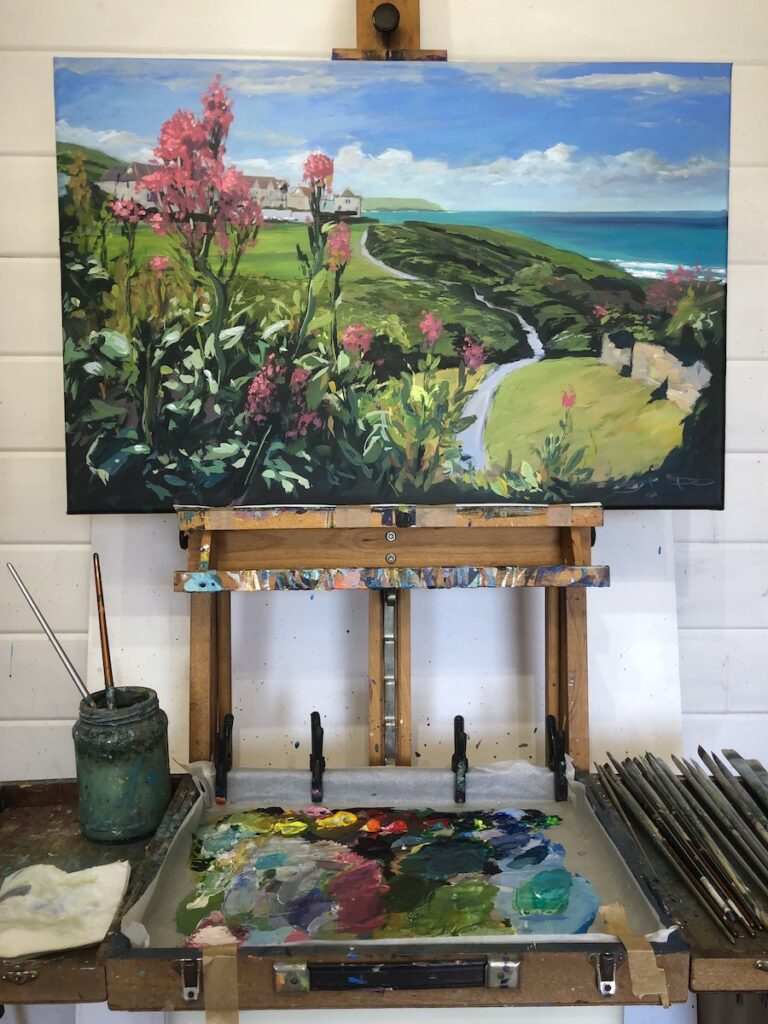 Combesgate Coast Path Original painting on an easel by Woolacombe artist Steve PP