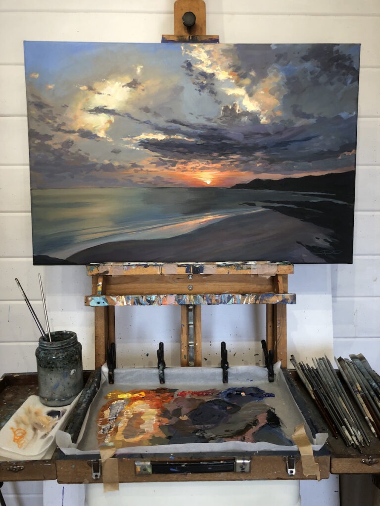 Heat Of The Day Original Combesgate Beach Painting on an artist's easel by Woolacombe artist Steven Pleydell-Pearce