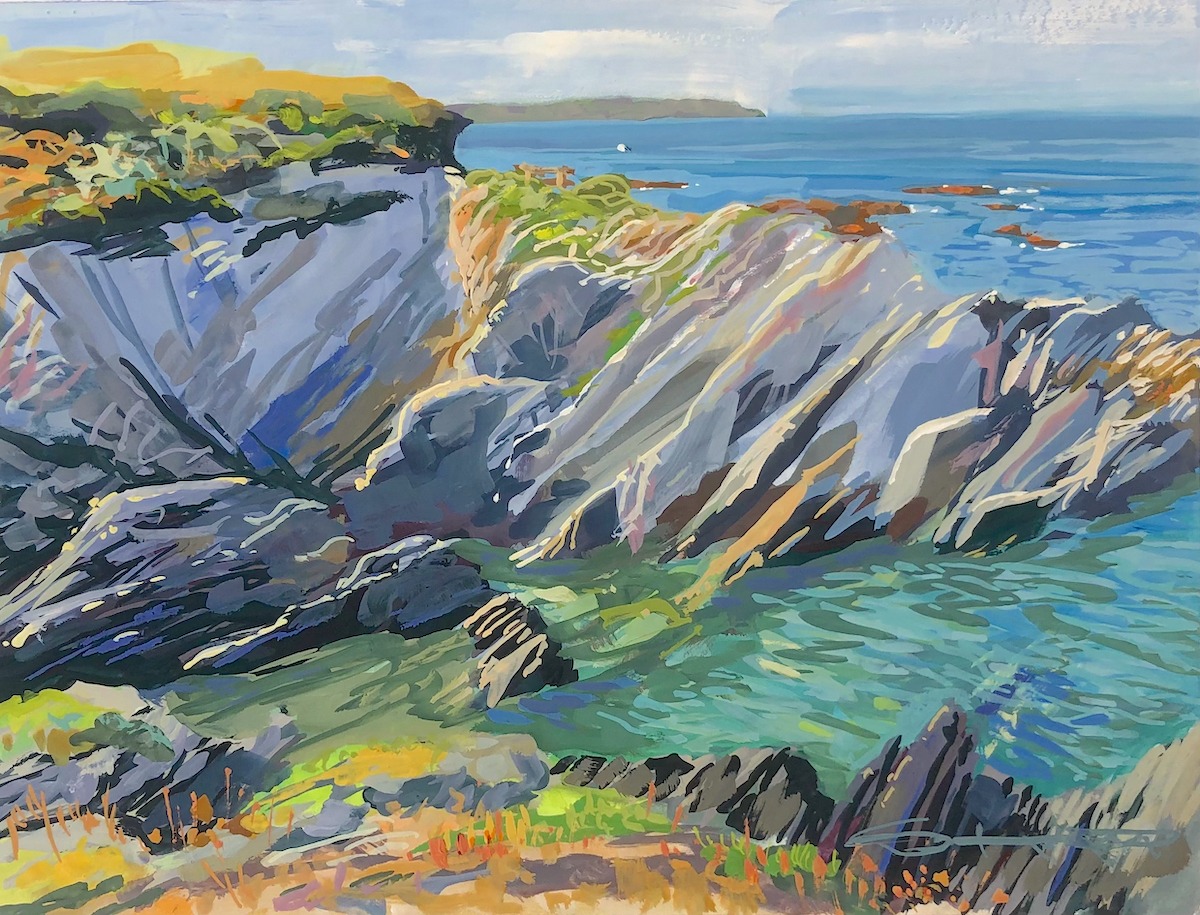 Morning Stroll original gouache painting by Woolacombe landscape artist Steven Pleydell-Pearce