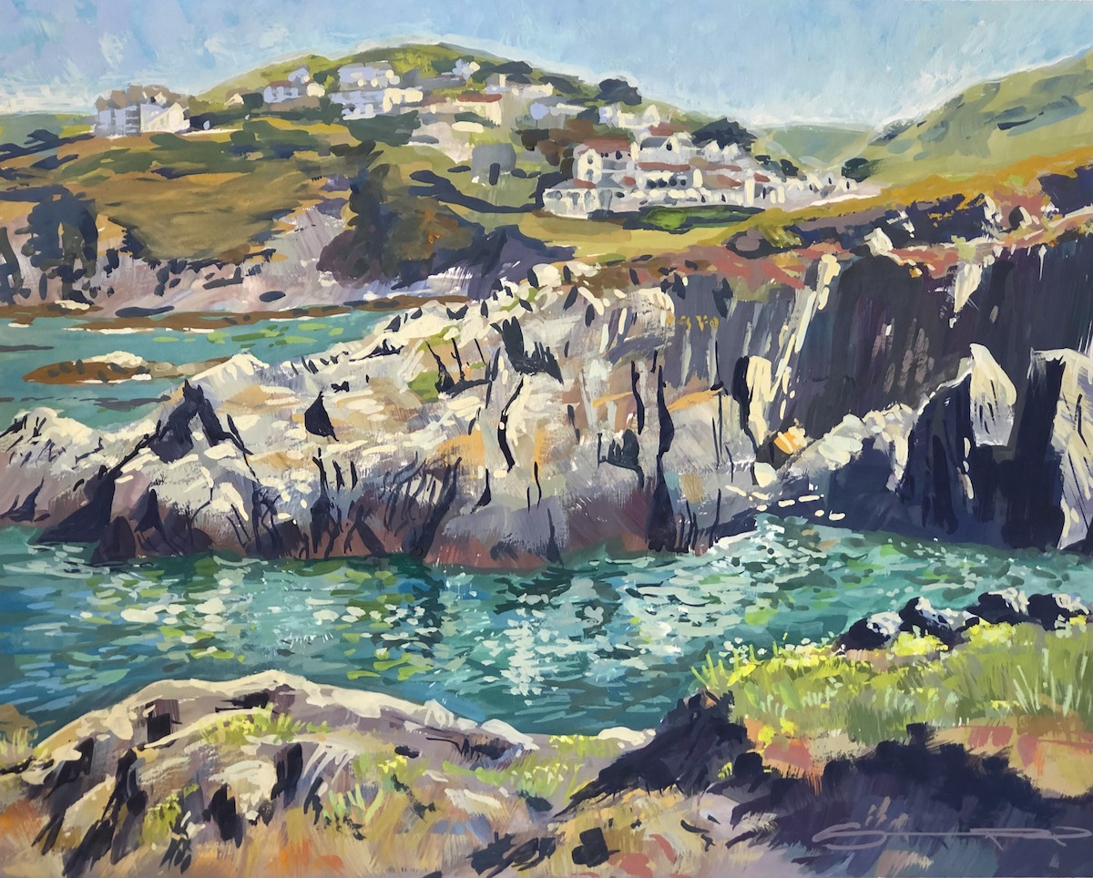 Original Combesgate beach and Watersmeet Hotel painting by Wooolacombe artist Steven Pleydell-Pearce
