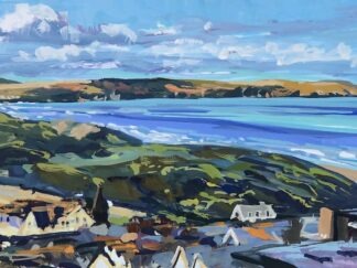 Fresher airflow, shower clouds and sunshine looking across Woolacombe beach to Baggy Point. Original Woolacombe painting by artist Steve PP