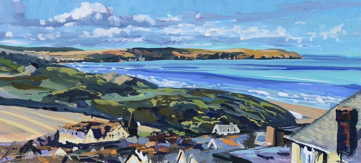 Fresher airflow, shower clouds and sunshine looking across Woolacombe beach to Baggy Point. Original Woolacombe painting by artist Steve PP