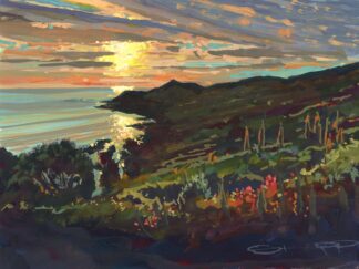 Original Morte point sunset gouache painting by Woolacombe artist Steven Pleydell-Pearce