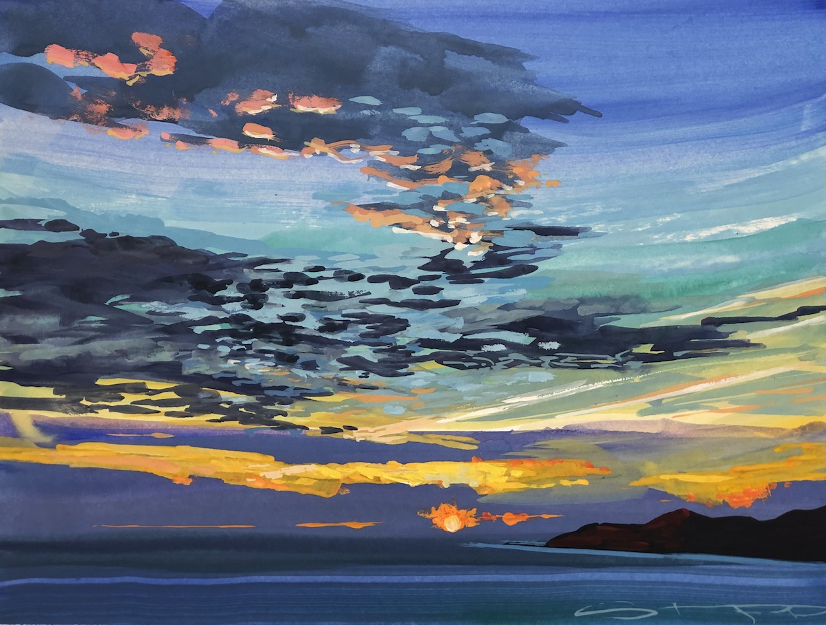 Sinking slow, glowing low. Morte pointing the way at end of day. Original Woolacombe sunset gouache painting by Devon landscape artist Steve PP