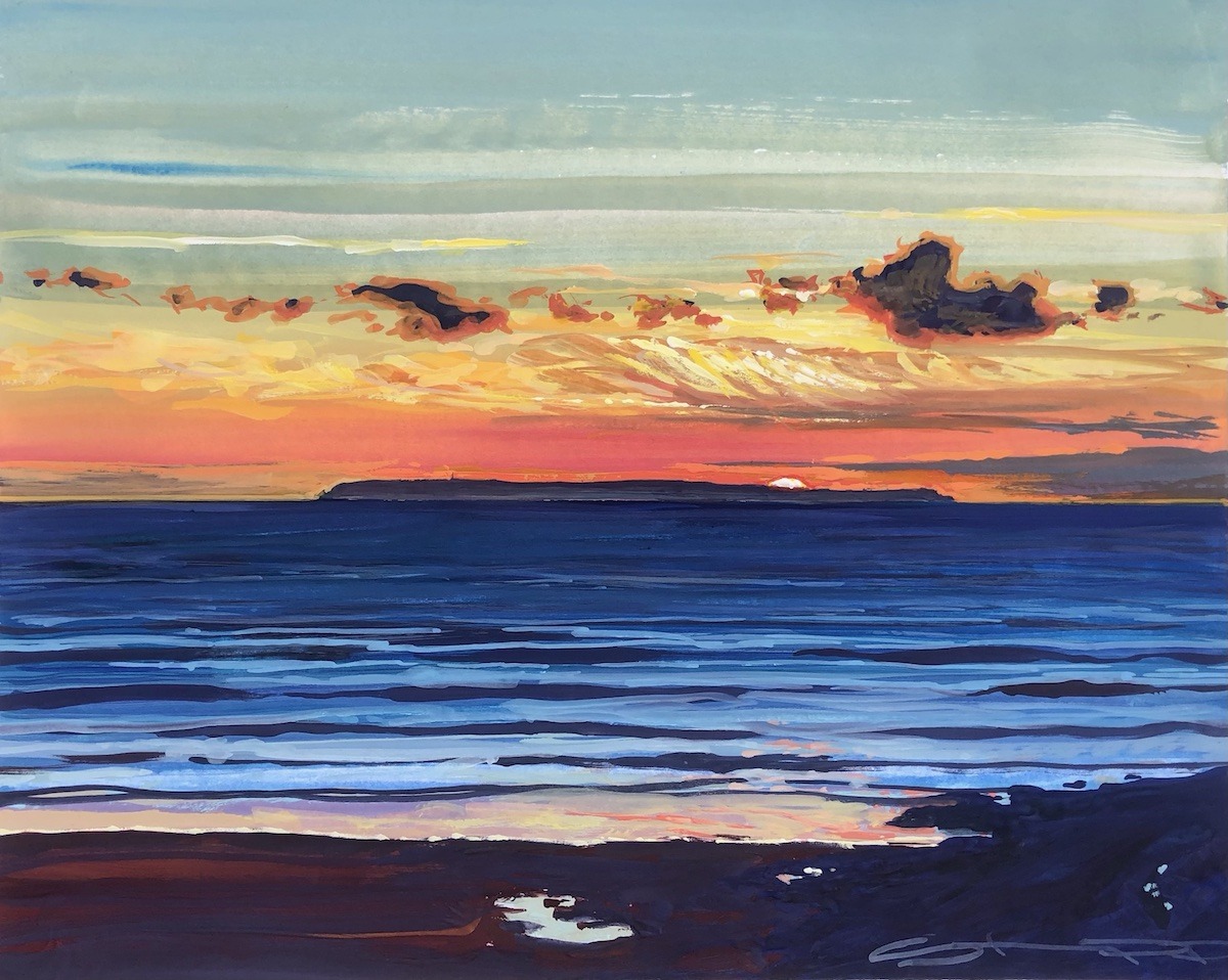 Original Lundy sunset gouache painting by Woolacombe artist Steve PP