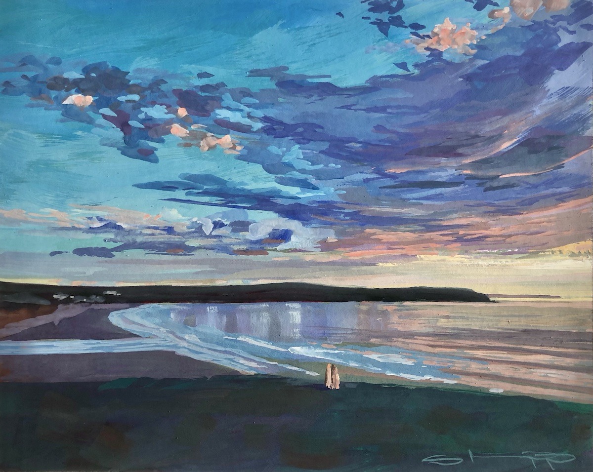 Evening Breeze an original gouache painting of Woolacombe beach at sunsdown by artist Steven Pleydell-Pearce