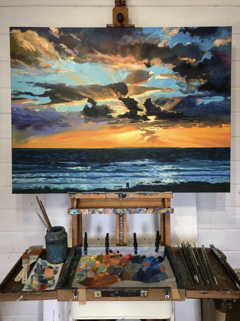 Lundy Sunburst Woolacombe Painting by Devon artist Steve PP