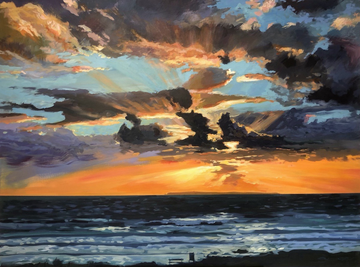 Lundy Sunburst Woolacombe Painting by UK landscape painter Steven Pleydell-Pearce