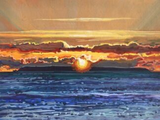 Lundy sunset show an original gouache painting by Woolacombe artist Steven Pleydell-Pearce