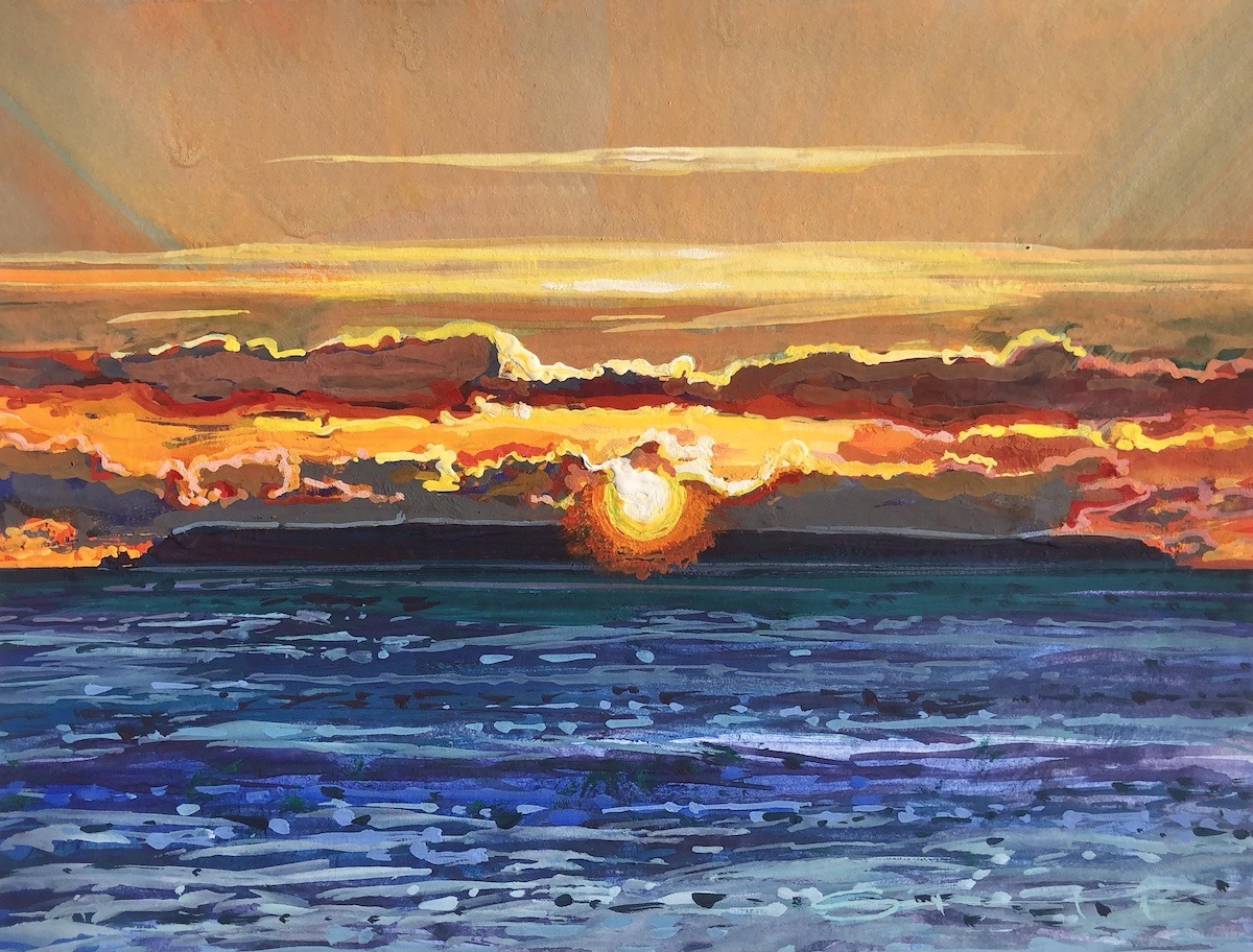 Lundy sunset show an original gouache painting by Woolacombe artist Steven Pleydell-Pearce